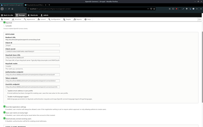 Drupal - Keycloak OpenID client configured